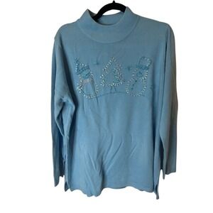 1X Quaker Factory Beaded Snowman Mock Neck Turtleneck Ugly Christmas Sweater‎